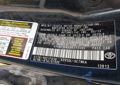 2013 Toyota Camry Le из США, поврежденный, VIN 4T4BF1FK8DR313495